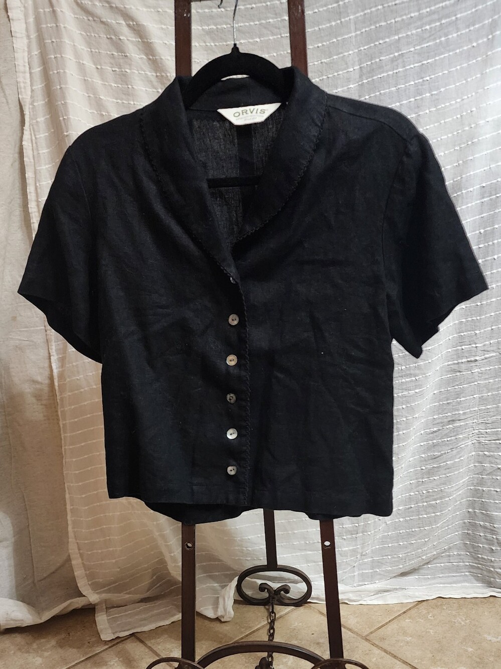 Orvis Black Linen Short-Sleeve Button Front Top Sz S